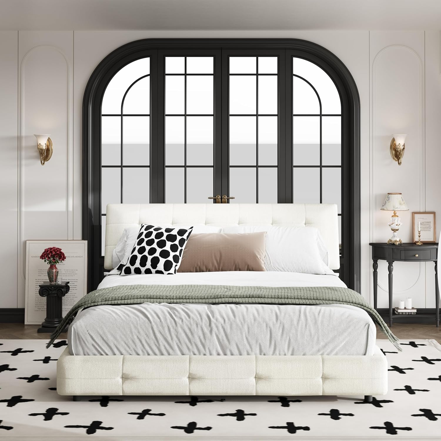 Queen Size Platform Bed Frame, Tufted Headboard with Extra-Large Ultra-Soft Cloud Pillow Design, Chenille Platform Bed with Metal and Wooden Slats Double Support, No Box Spring Needed (Beige-Queen,7)