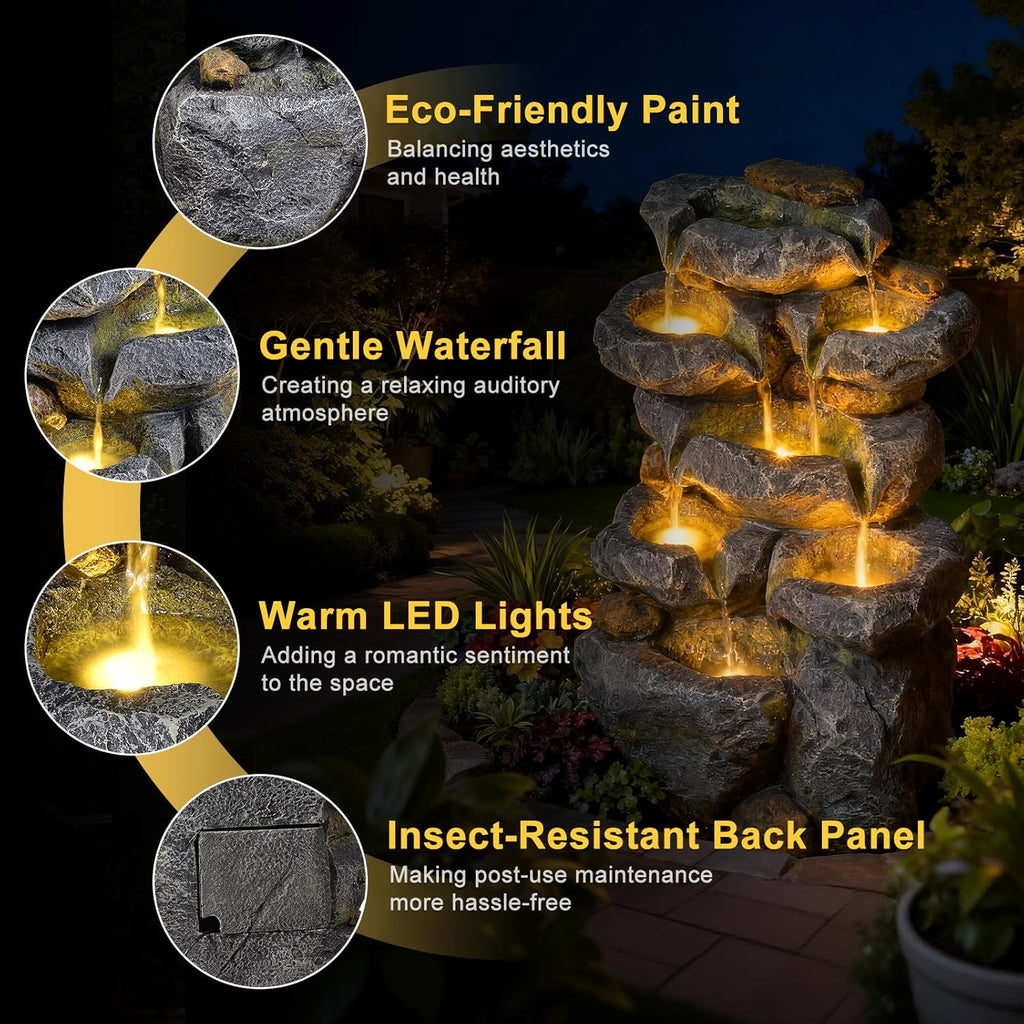 Solar Water Fountain Outdoor Garden, 24' H Cascading Stone Design 5 Tier Rock Feature Outdoor Fountains Waterfalls with Light, Pump Solar Panel for Patio, Deck, Porch, Backyard Home Décor