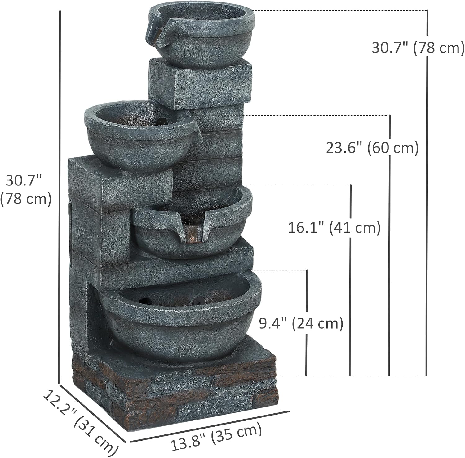 Outsunny 30' Tall Outdoor Waterfall Fountain with LED Lights, 4-Tier Resin Cascading Water Bowls with Pump, Gray
