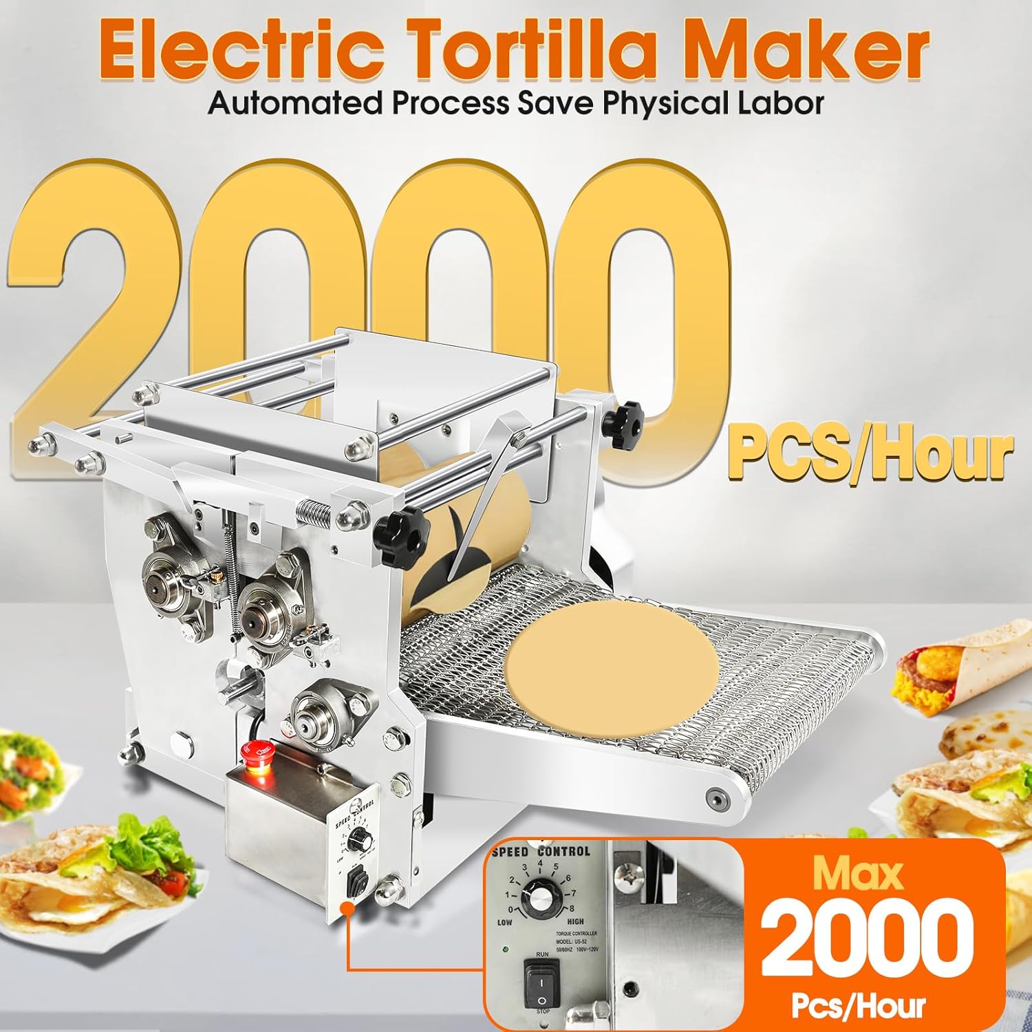 Electric Tortilla Maker with 2 Free Mold (4in+6in), Heavy Duty Commercial Automatic None-Stick Mexico Chapatti Corn Machine 1500-2000pcs/h Suitable for Produce Sopes Gorditas Roti Pita (Black Roller)