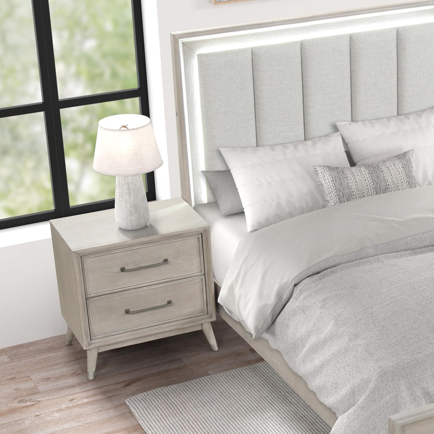 Roundhill Furniture Seluna 5-Piece Bedroom Set with Touch LED Lighting, Gray Oak Finish, Queen