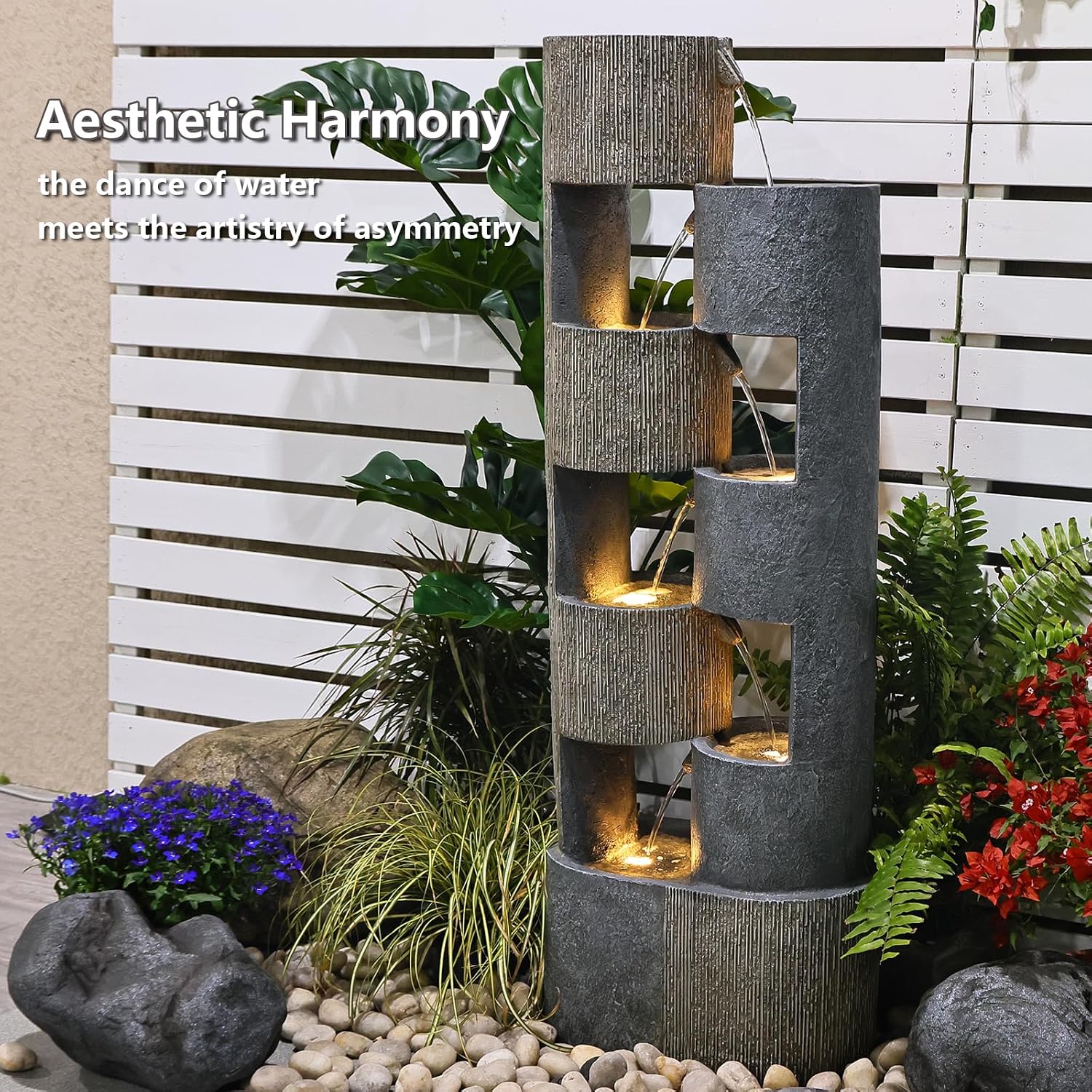 Sunlinua 51' Outdoor Water Fountain Uneven Cylinders Waterfalls Fountain Floor Standing Water Fountains with LED Lights, Pump, Natural Stones for Garden, Living Room, Patio