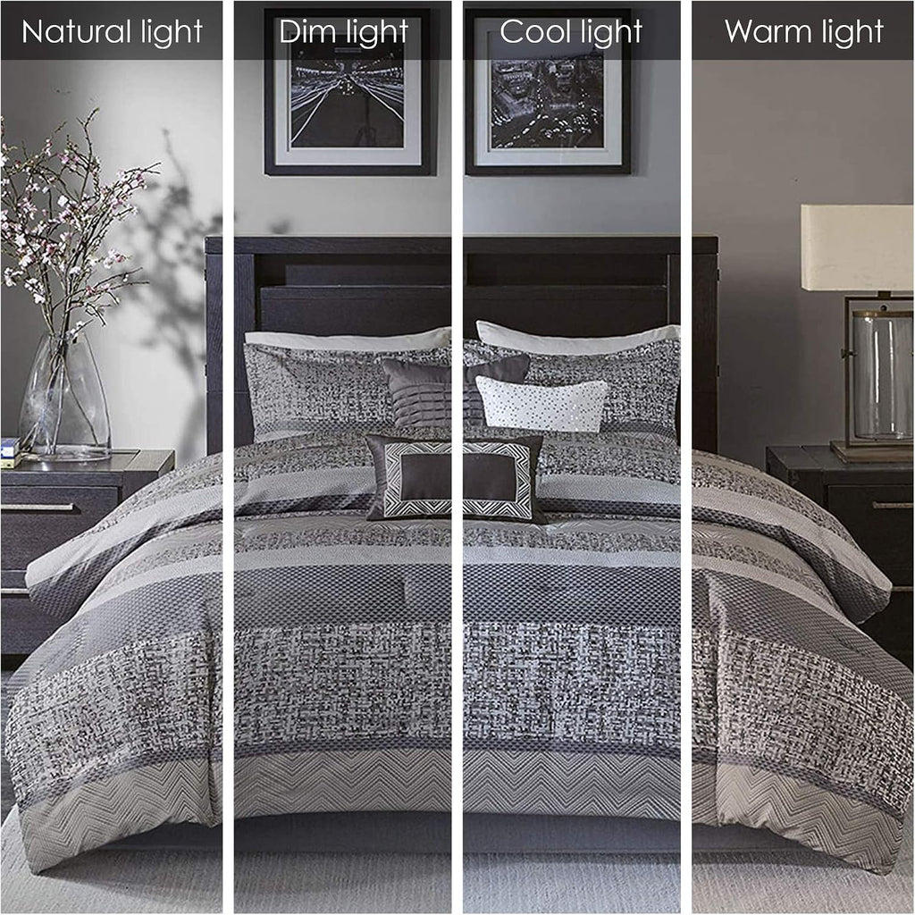 Madison Park Luxury Comforter Set-Traditional Jacquard Design All Season Down Alternative Bedding, Matching Bedskirt, Decorative Pillows, Queen(90'x90'), Rhapsody, Striped Grey/Taupe 7 Piece