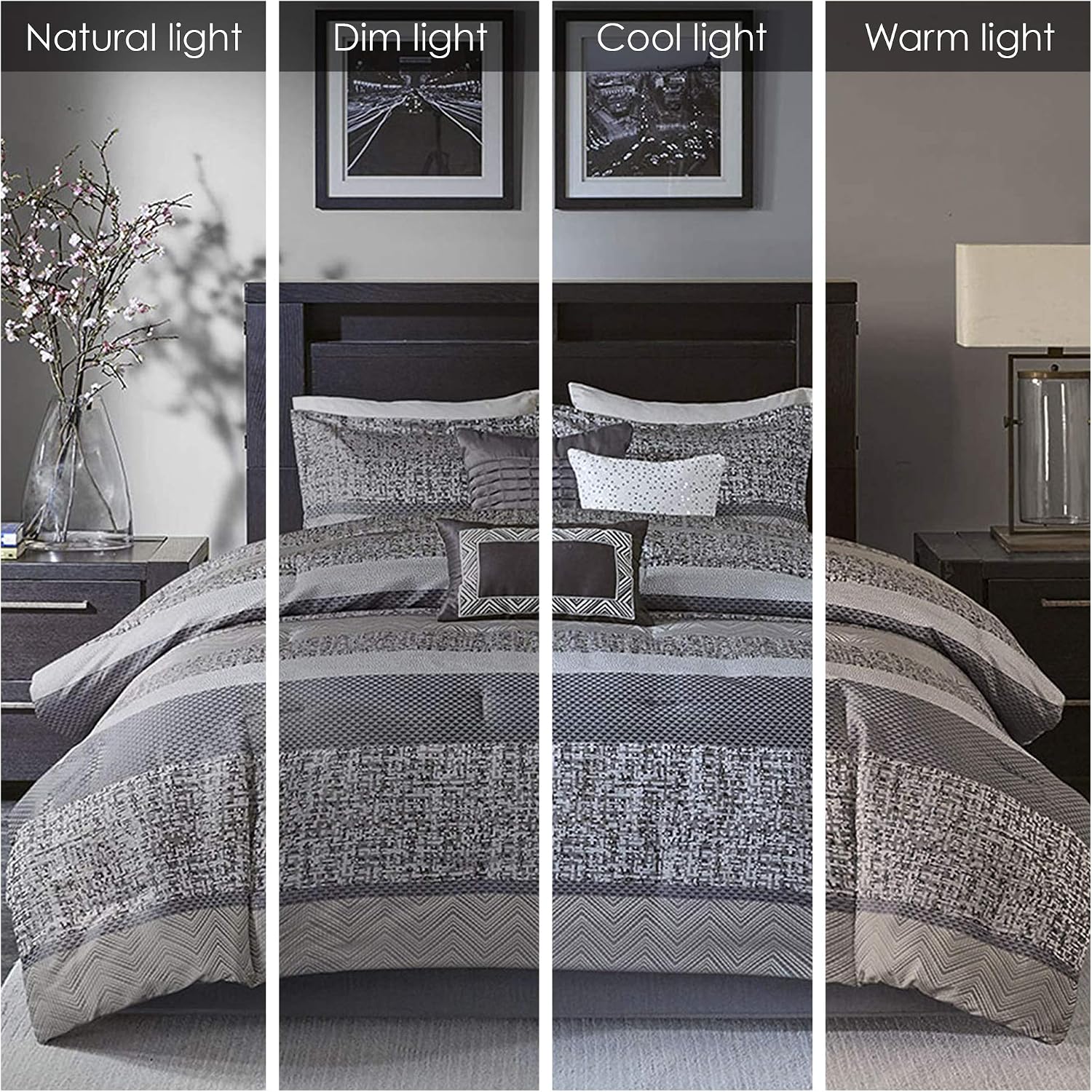 Madison Park Luxury Comforter Set-Traditional Jacquard Design All Season Down Alternative Bedding, Matching Bedskirt, Decorative Pillows, Queen(90'x90'), Rhapsody, Striped Grey/Taupe 7 Piece