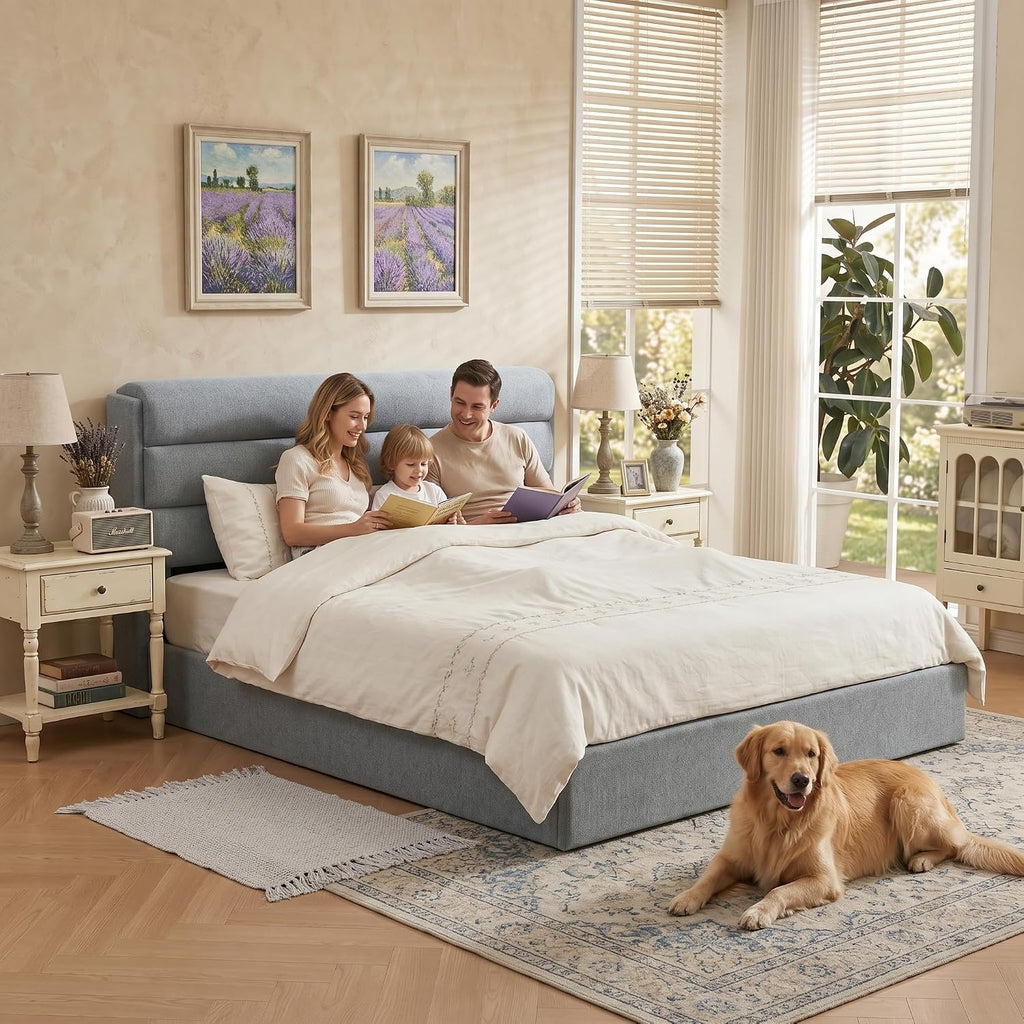 Lift Up Storage Bed King Size, Linen Upholstered Platform Bed with Hydraulic System & Wood Slats Support, King Bed Frame with 3-Panel Headboard, No Box Spring Needed, Easy Assembly, Baby Blue