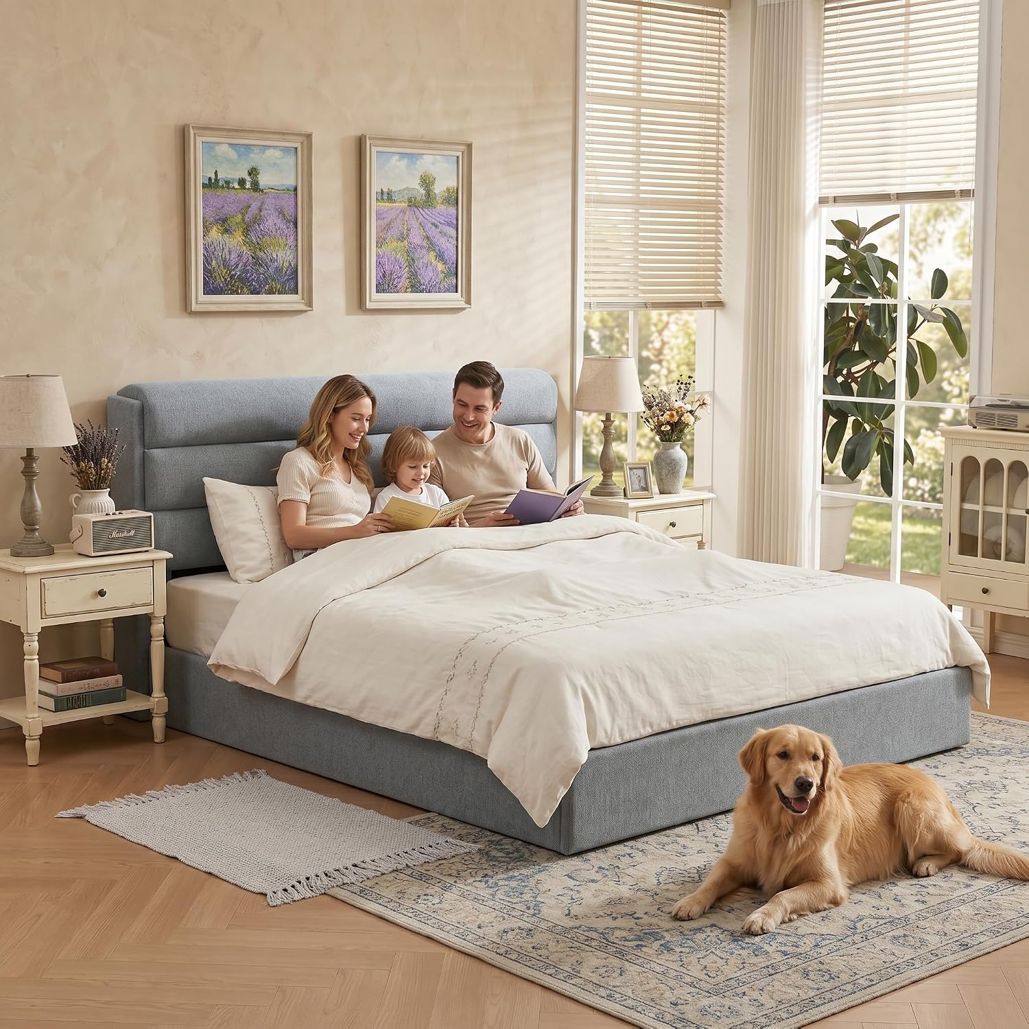 Lift Up Storage Bed King Size, Linen Upholstered Platform Bed with Hydraulic System & Wood Slats Support, King Bed Frame with 3-Panel Headboard, No Box Spring Needed, Easy Assembly, Baby Blue