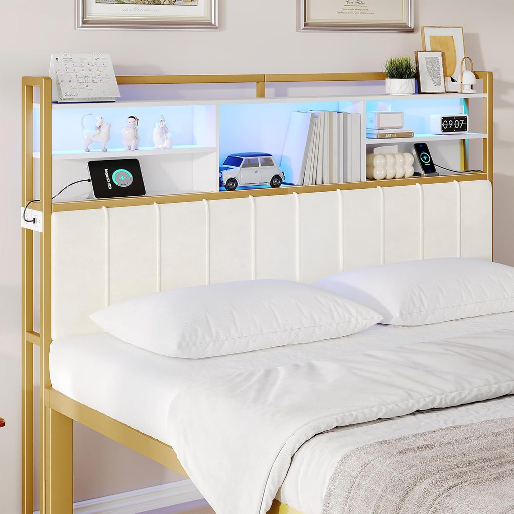 Hzuaneri Headboard with 3-Tier Storage Shelves, Velvet Upholstered Head Board with 2 Outlets, USB Ports & LED Light, Soft Backrest for King Size Bed, White and Gold BH19403A