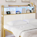 Hzuaneri Headboard with 3-Tier Storage Shelves, Velvet Upholstered Head Board with 2 Outlets, USB Ports & LED Light, Soft Backrest for King Size Bed, White and Gold BH19403A