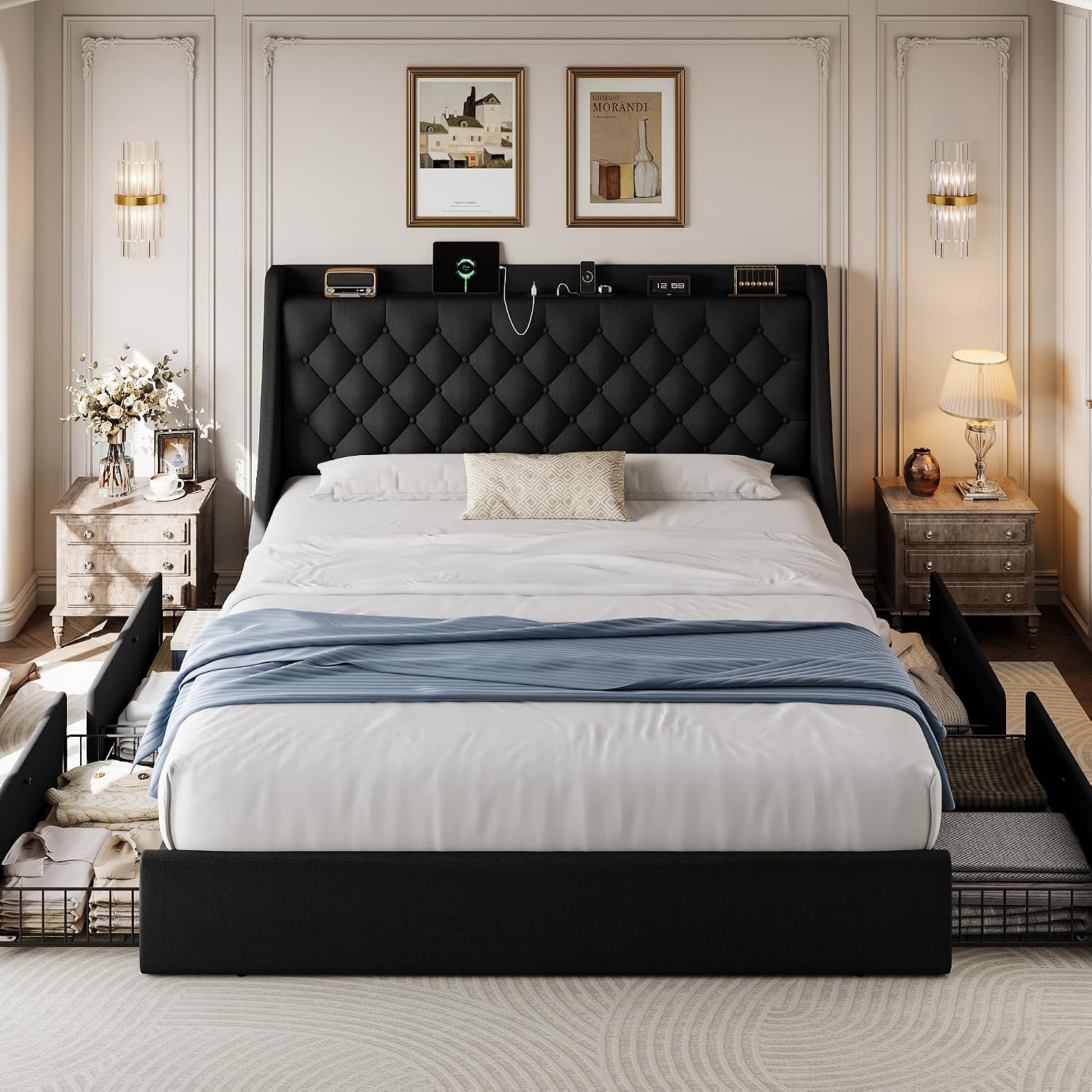 Bed Frame King Size with 4 Storage Drawers & Charging Station, Linen Upholstered Platform Bed with Button Tufted Wingback Headboard, Sturdy Wooden Support Slats, No Box Spring Needed, Black