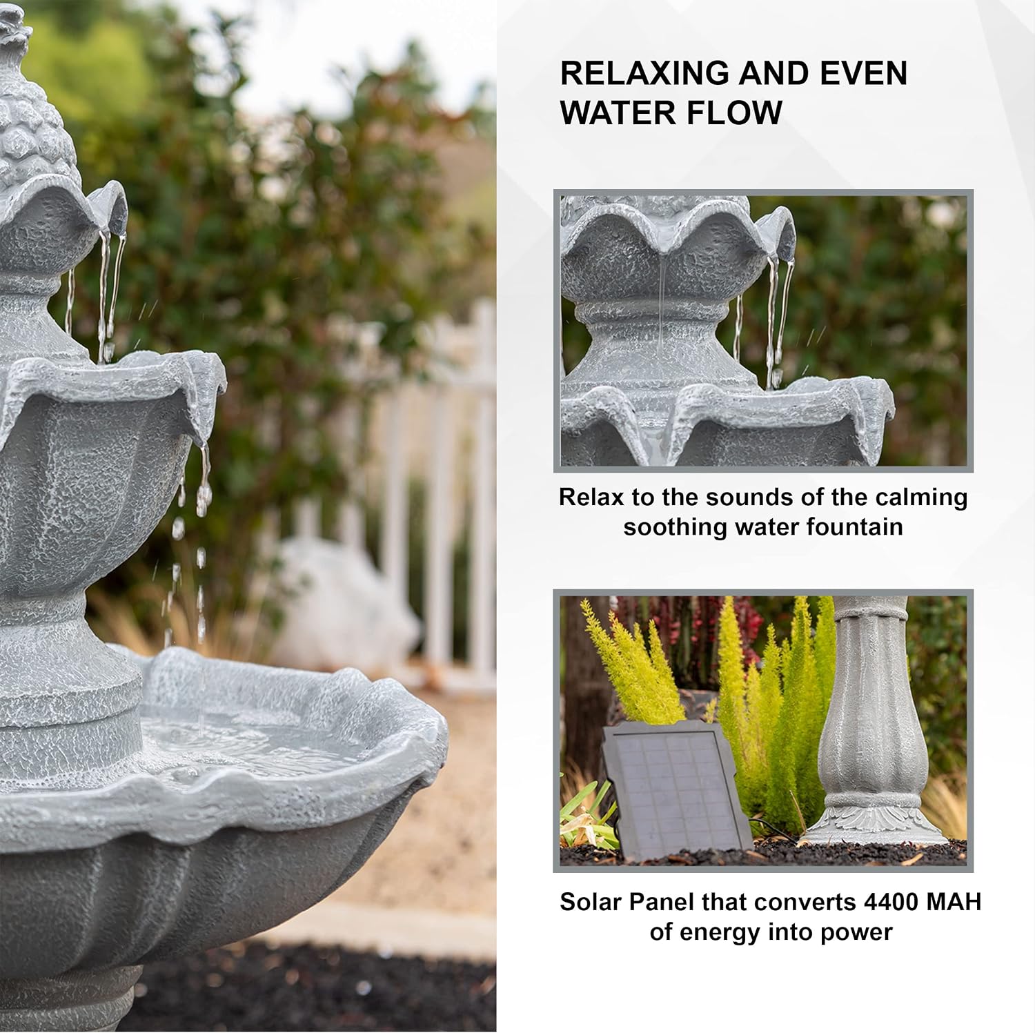 XBrand 36.2' Solar Powered 2-Tier Outdoor Water Fountain, Resin Fountain with Solar Panel Pump, Gray