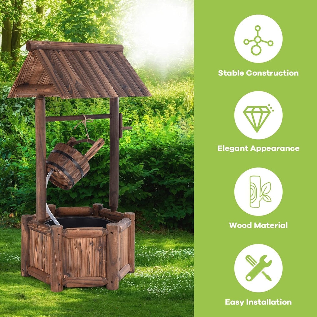 Giantex Wishing Well Water Fountain Outdoor, Rustic Wooden Waterfall Fountain with Electric Pump, Water Bucket, Freestanding Decorative Wishing Well Water Feature for Backyard Patio Garden Lawn