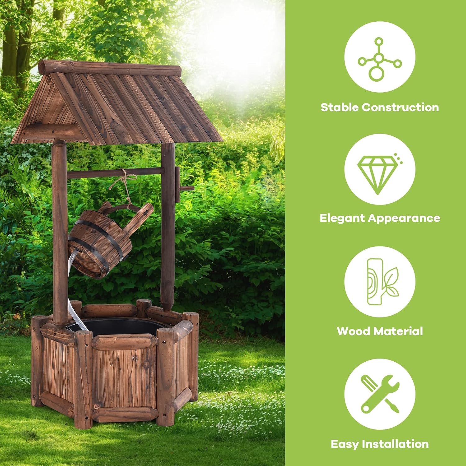 Giantex Wishing Well Water Fountain Outdoor, Rustic Wooden Waterfall Fountain with Electric Pump, Water Bucket, Freestanding Decorative Wishing Well Water Feature for Backyard Patio Garden Lawn