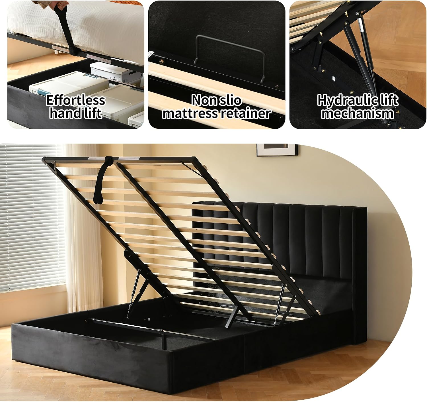 YUHUASHI Queen Size Hydraulic Storage Bed, Upholstered Platform Bed Frame, Modern Wingback Design Headboard, Velvet Fabric with Hydraulic Support Bars, No Box Spring Required (Black, Full)