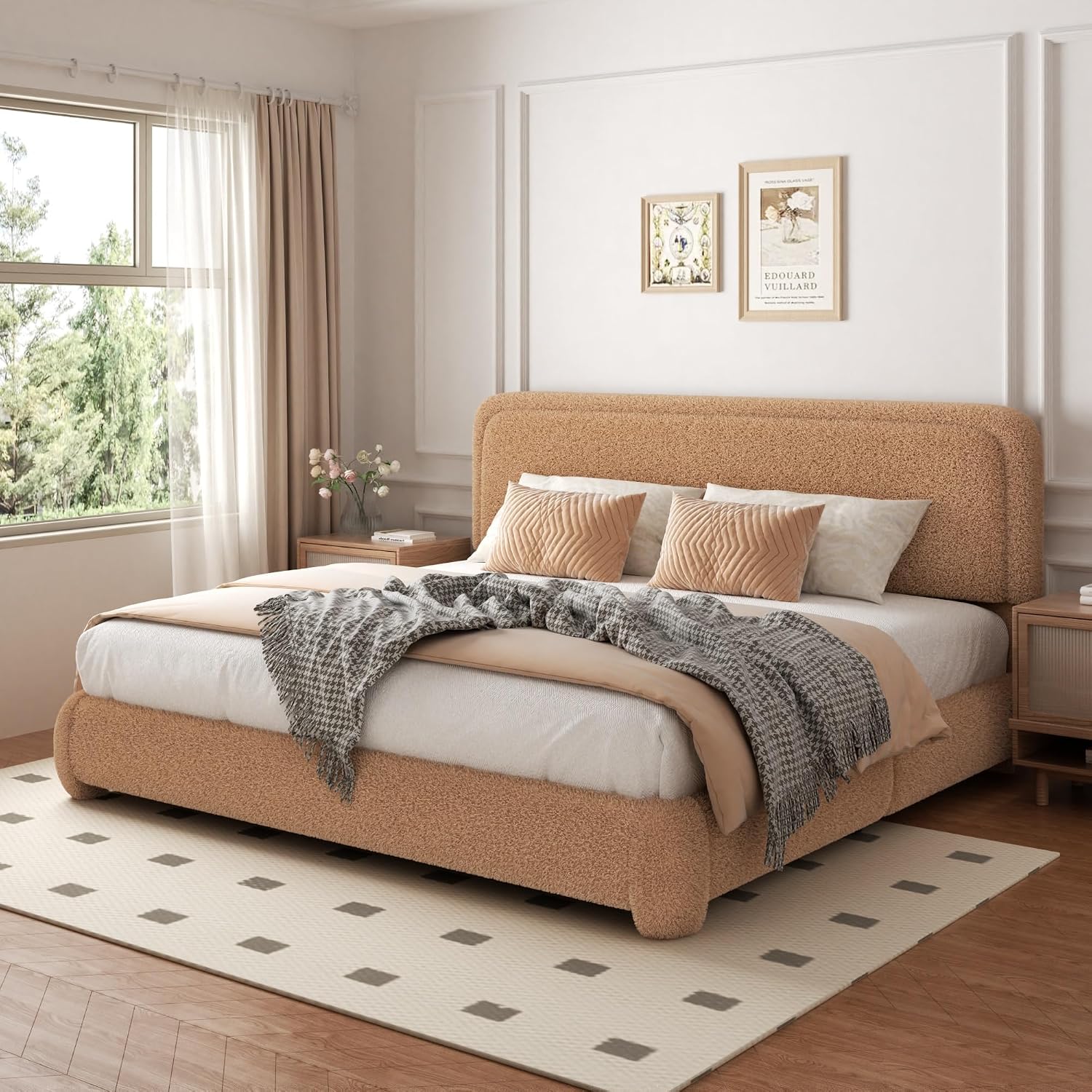 Queen Size Boucle Bed Frame with Adjustable Headboard, Upholstered Cloud Platform Bed, Anti-Collision Soft Rounded Corners, No Box Spring Needed, Easy Assembly, Noise Free, Camel