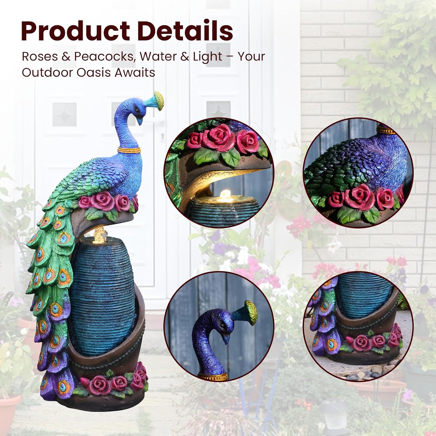 Tankana 32' Peacock Sculpture Waterfall Fountain Indoor with LED Lights, Artistic Colorful Bird Sculpture Waterfall for Living Room, Entryway & Home Office Decor