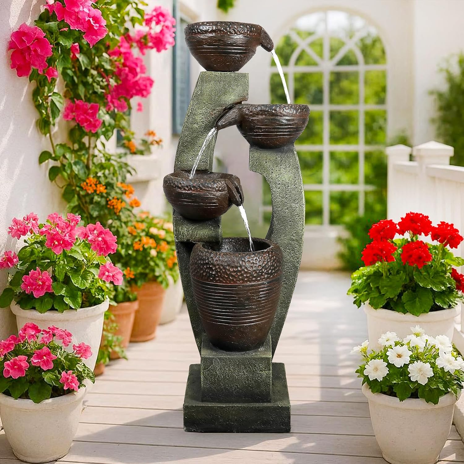 Naturefalls 40' Tall Outdoor Water Fountain and Waterfalls - Large Garden Fountain with LED Lights, 4-Tier Crocks, Indoor and Outdoor Fountains for Garden, Patio, Deck, Porch, Backyard and Home, Gray