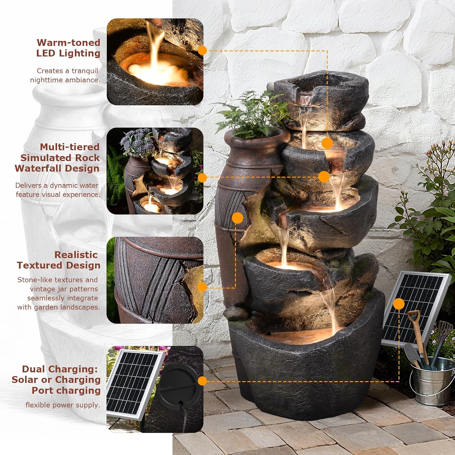 5 Tier Rock Solar Water Fountain Outdoor with Vintage Jar, Cascading Waterfall Fountain with LED Lights, Outdoor Fountains for Garden or Patio, Yard, Deck Decor, 16.5' L x 12.6' W x 31.7' H