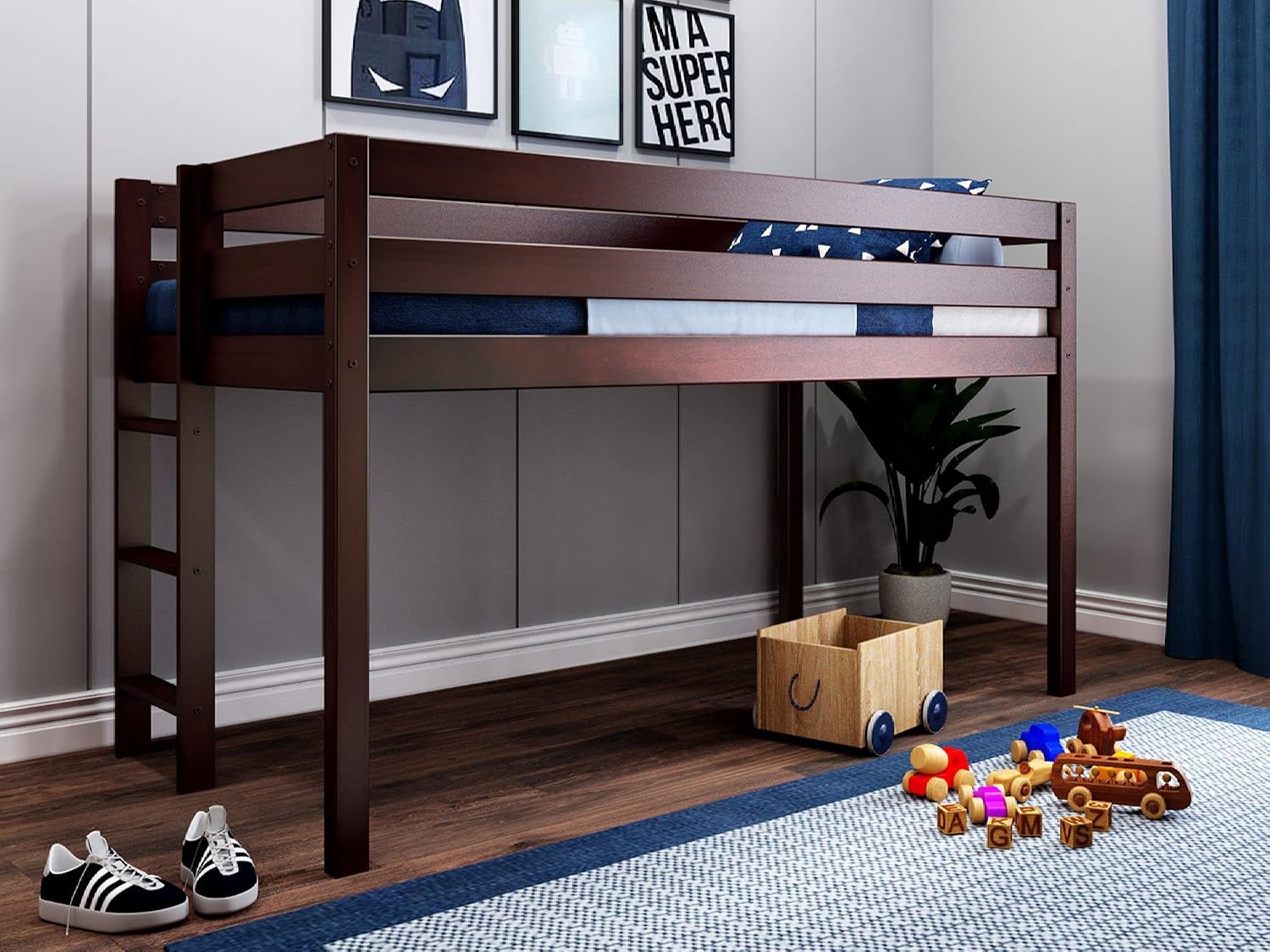 Jackpot! Contemporary Low Loft Twin Bed with End Ladder, Cherry with Blue & White Tent
