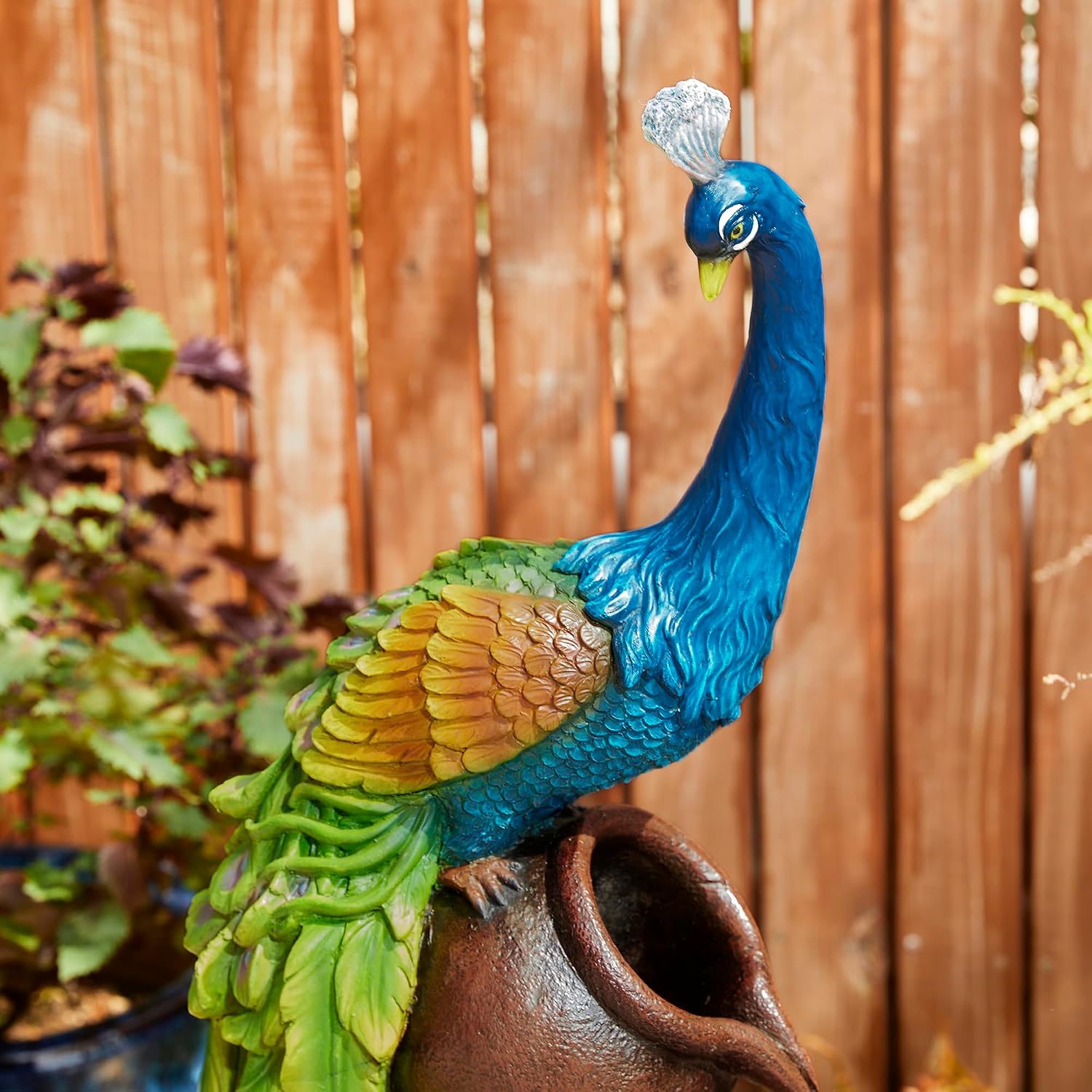 Glitzhome 4-Tier Peacock and Jars Outdoor Water Fountain with LED Light, 40'H Oversized Resin Peacock Sculpture Waterfall Fountain with Submersible Pump for Garden Patio Porch
