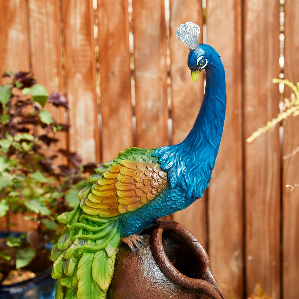 Glitzhome 4-Tier Oversized Peacock Sculpture with Jars Outdoor Water Fountain with LED Light, Resin Peacock Statue Waterfall Fountain with Submersible Pump for Garden Patio Porch, 40'H