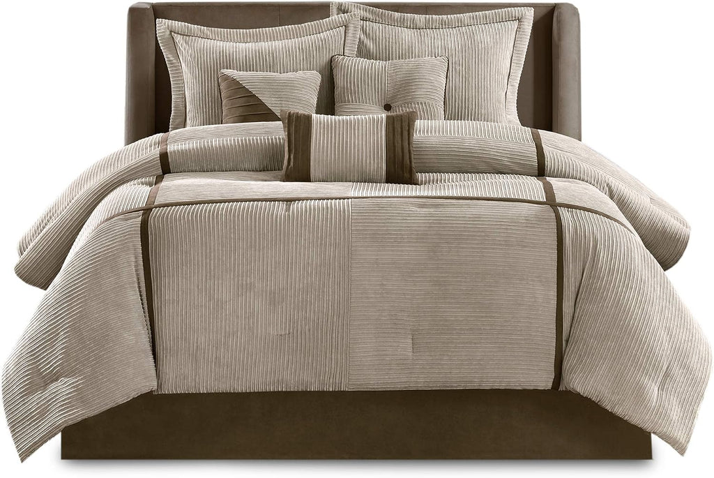 Madison Park Cozy Comforter Set Casual Blocks Design All Season, Matching Bed Skirt, Decorative Pillows, King(104'x92'), Dallas Corduroy, Taupe Brown, 7 Piece