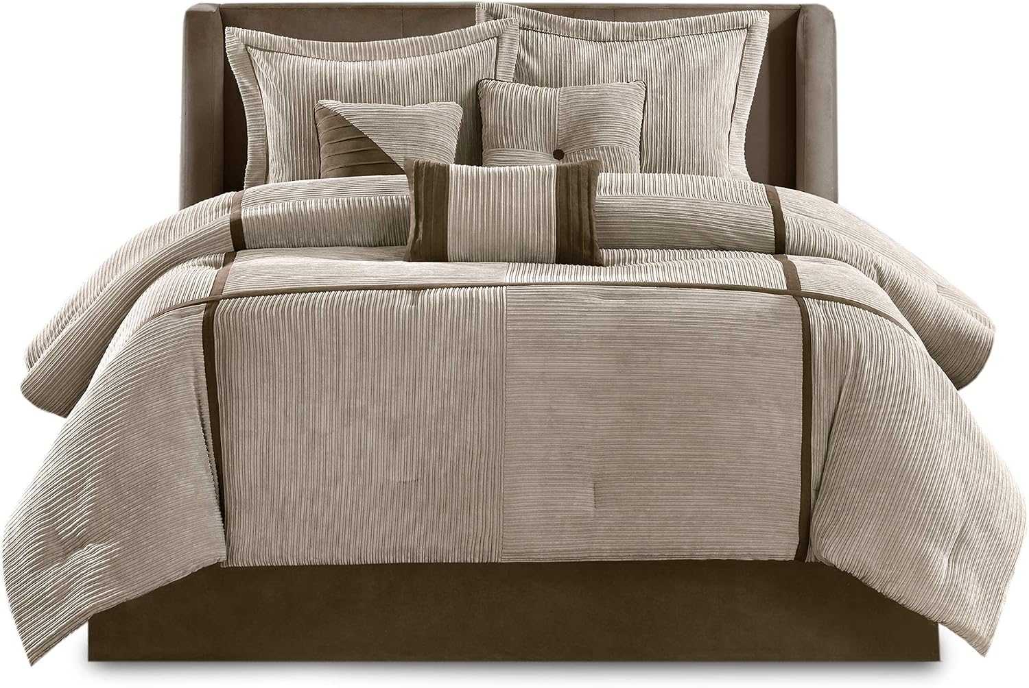 Madison Park Cozy Comforter Set Casual Blocks Design All Season, Matching Bed Skirt, Decorative Pillows, King(104'x92'), Dallas Corduroy, Taupe Brown, 7 Piece
