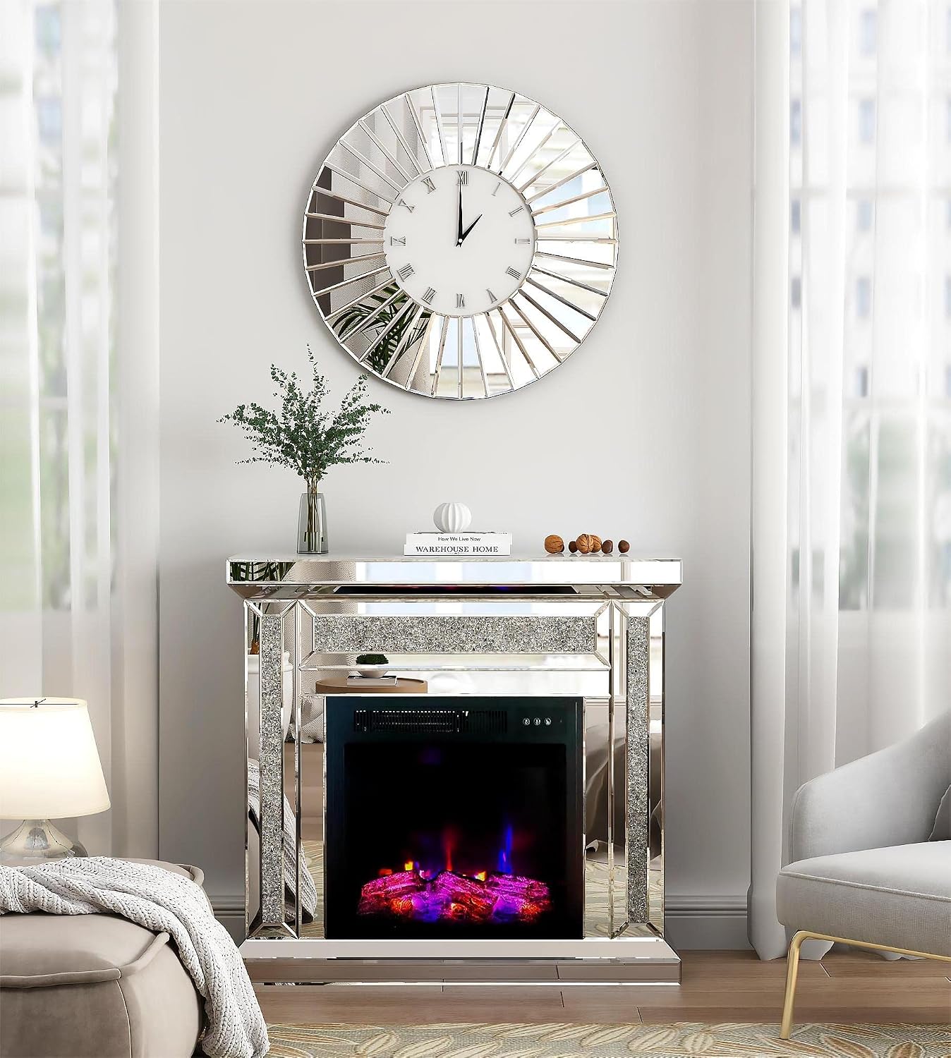 SHYFOY Mirrored Wall Clocks, 24' Decorative Large Clock for Wall Decor, Oversize Glass Wall Clock for Living Room, Big Silver Clock Modern Luxury Home Decor