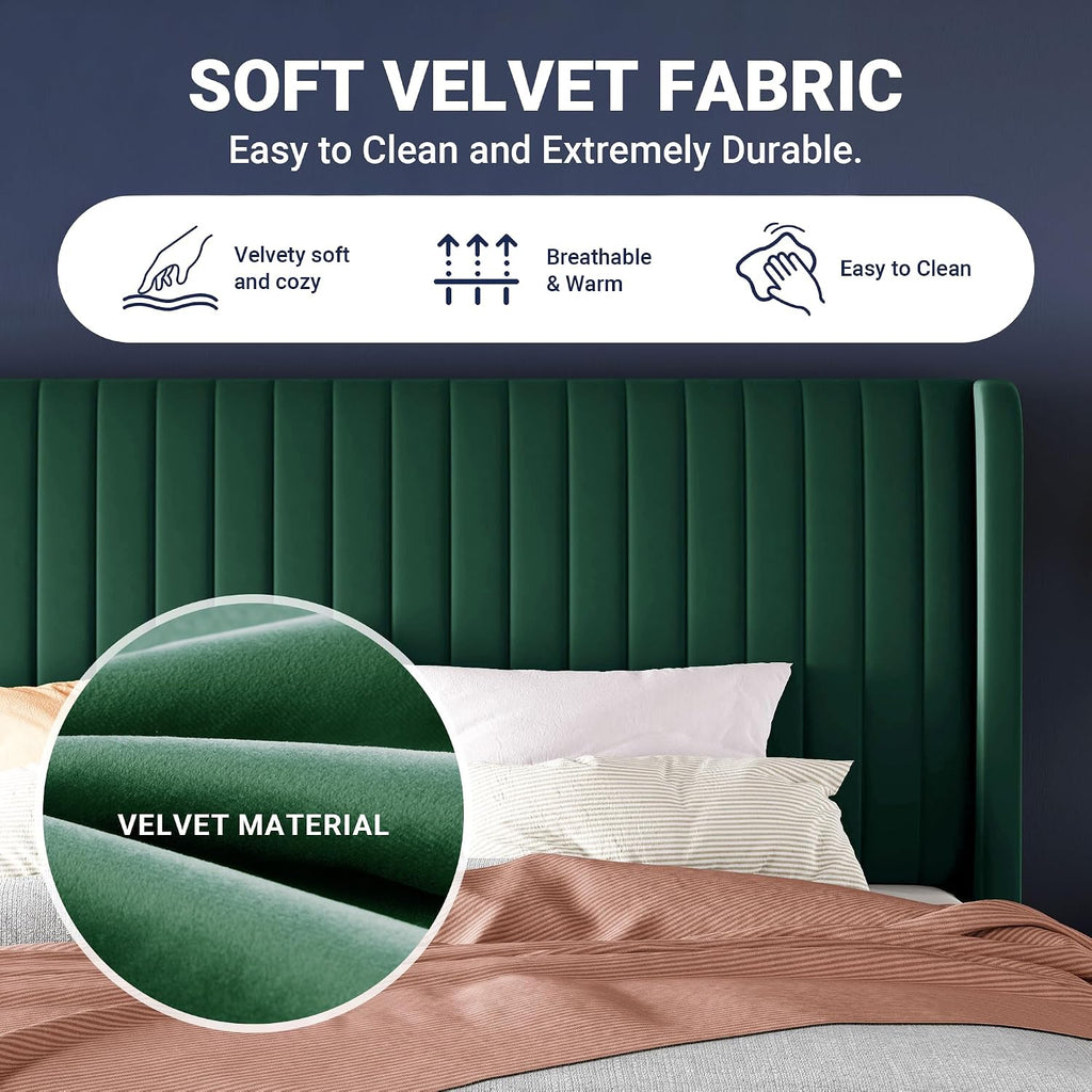 Allewie Full Size Bed Frame/Velvet Upholstered Platform Bed/Vertical Channel Tufted Wingback Headboard/Strong Wooden Slats/No Box Spring Needed/Easy Assembly/Green