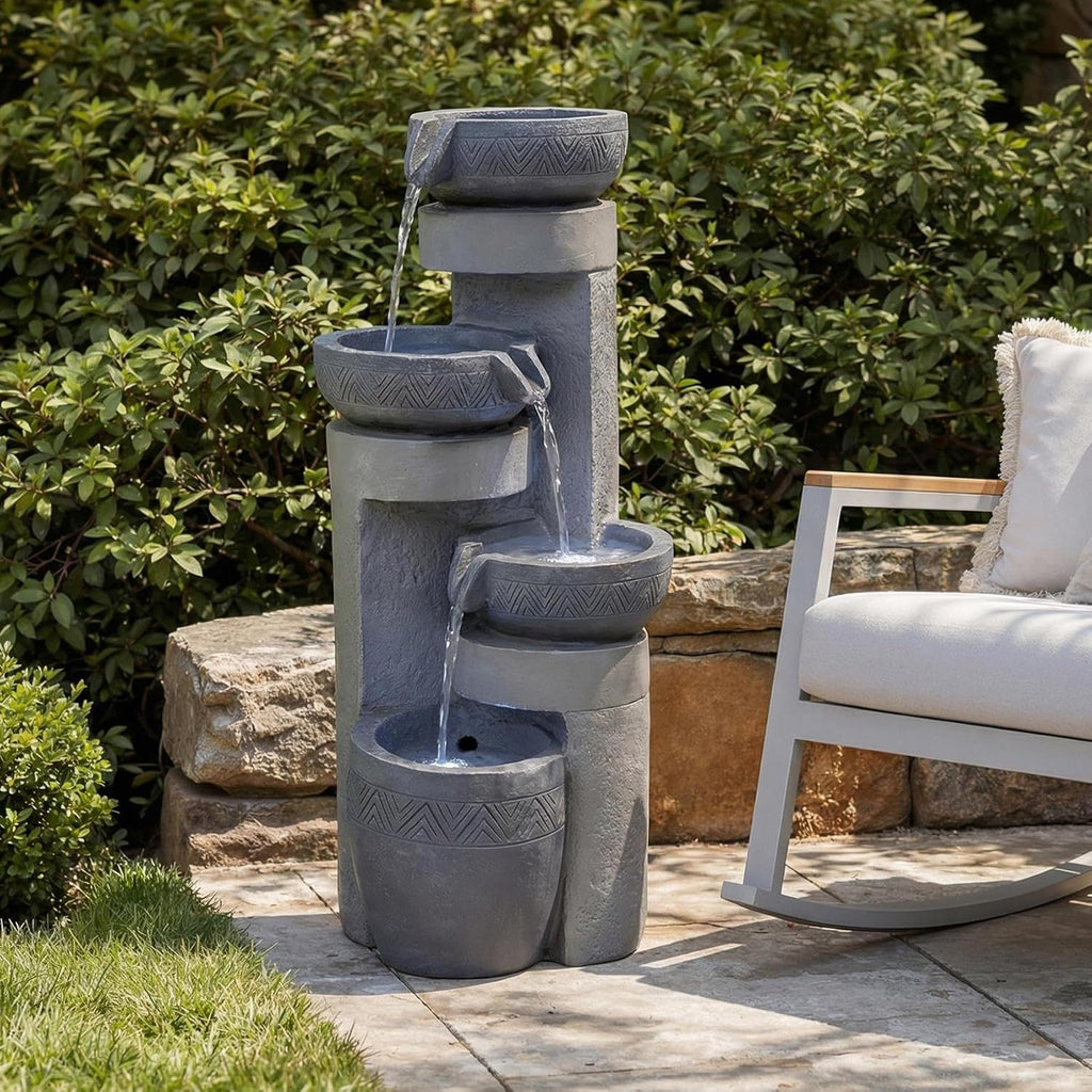 28' Outdoor Water Fountain with Led Lights, 4-Tiered Owl & Calla Lil Water Fountain, Outdoor Garden Waterfall Decor for Garden, Patio, Courtyard (32' Modern Pottery)