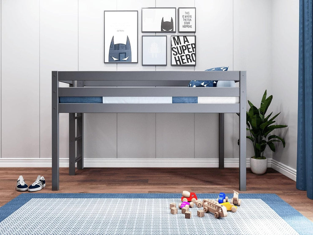 Jackpot! Contemporary Low Loft Twin Bed with End Ladder, Gray