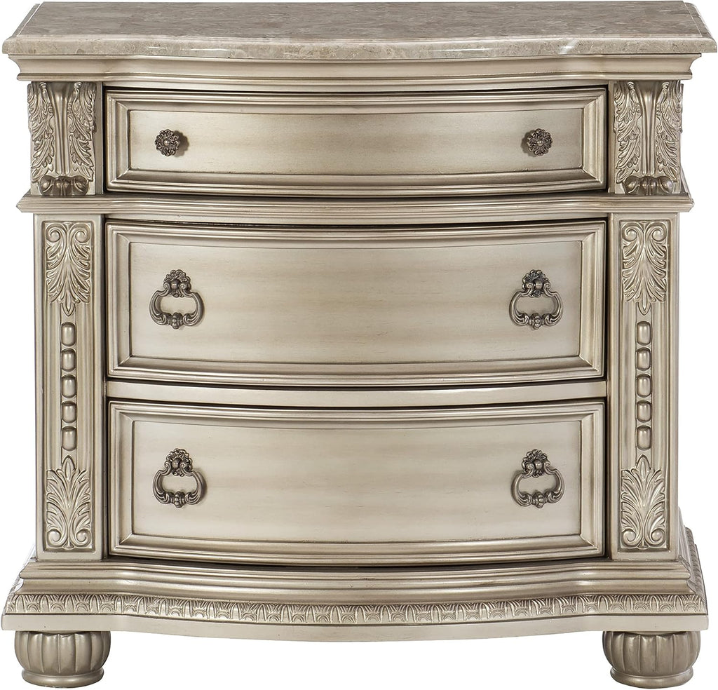 Traditional Classic 5 Pieces Cal-King Size Set Silver Finish Faux Leather Upholstered Bed Classic Design Marble Top Formal Bedroom Furniture