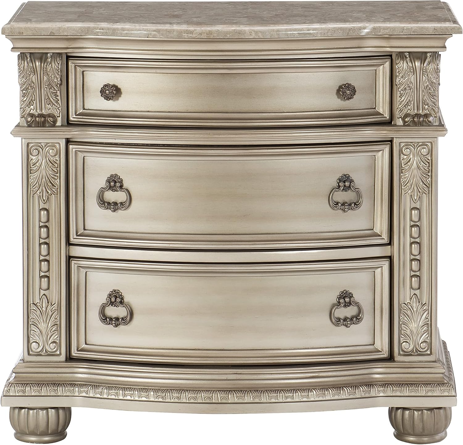 Traditional Classic 5 Pieces Cal-King Size Set Silver Finish Faux Leather Upholstered Bed Classic Design Marble Top Formal Bedroom Furniture