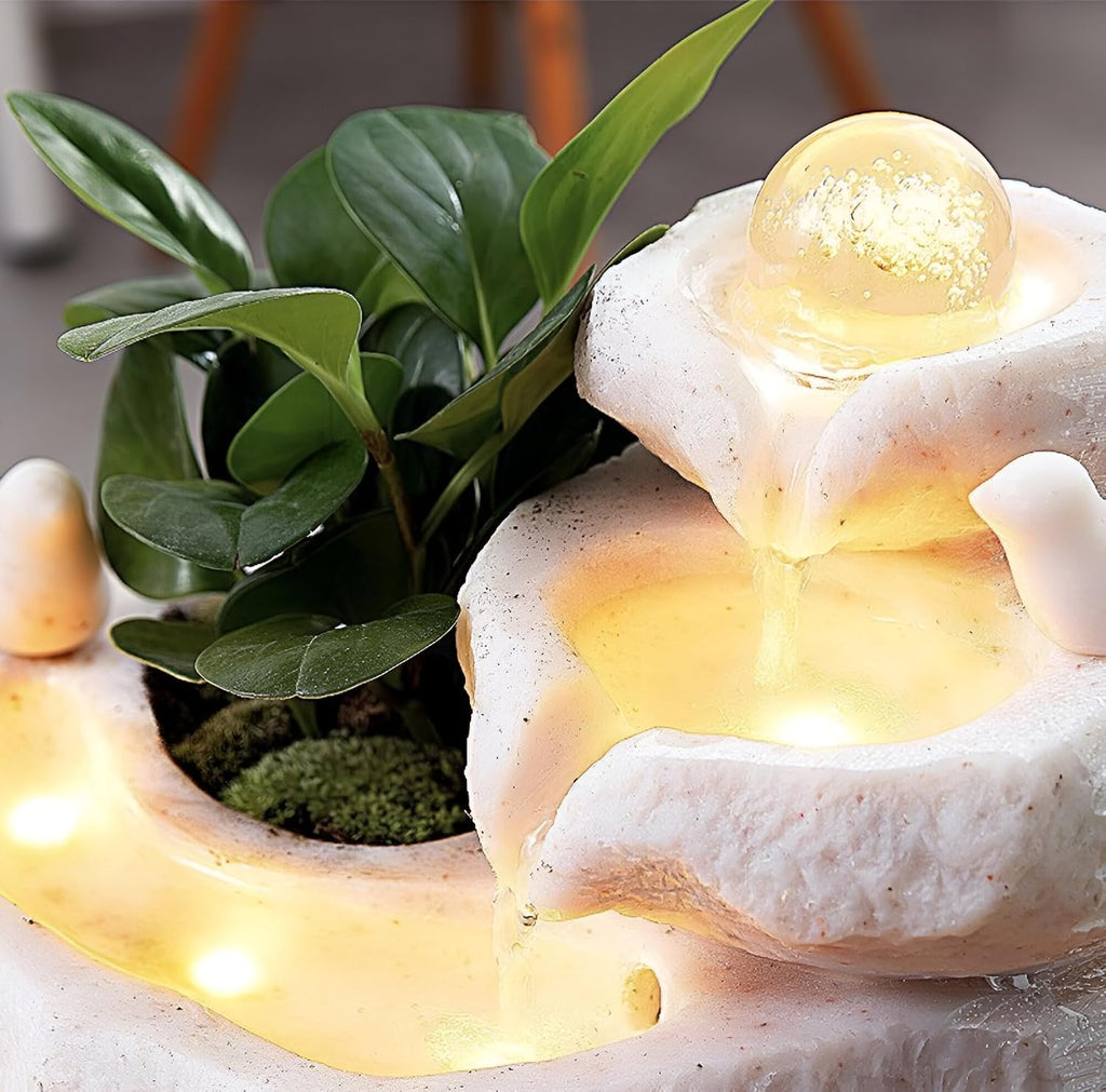 11.42' Indoor Tabletop Fountain with 3-Tier Flow, RGB LED Lights, Decorative Bubble Ball, Mist Maker & 10 Natural Crystals – Zen Resin Waterfall for Home Office Decor & Meditation (White)