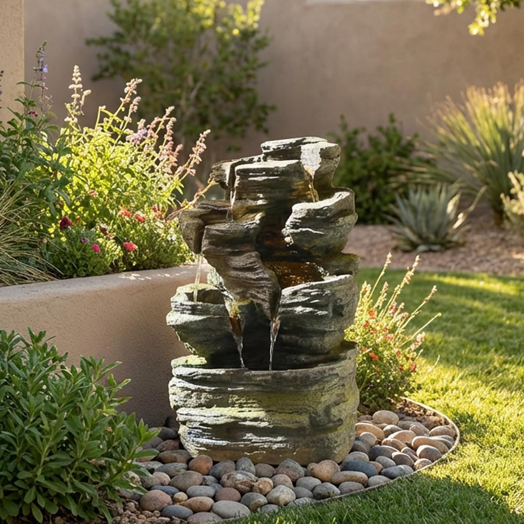 24.2' H Rock Cascading Water Fountain Outdoor&Indoor, 6-Tier Garden Naturefalls Fountains, Floor-Standing Waterfall with Lights for Patio, Backyard, Deck, Porch, Home DéCor, Stone Gray
