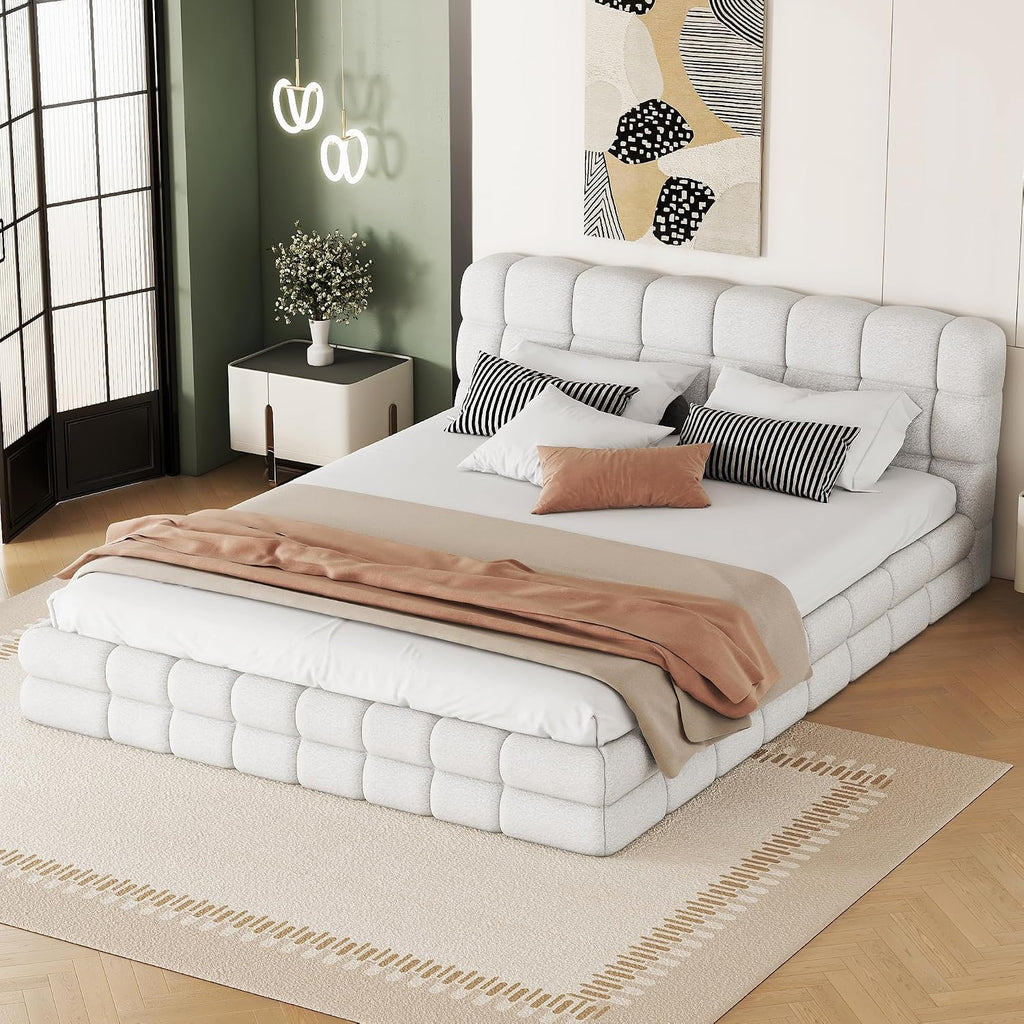 Ball & Cast Queen Size Low Bed Frame with Soft Fleece Headboard, Grounded Floor Platform Bed with Wood Slats Support for Kids Teens Adults,No Box Spring Needed,Easy Assembly,White