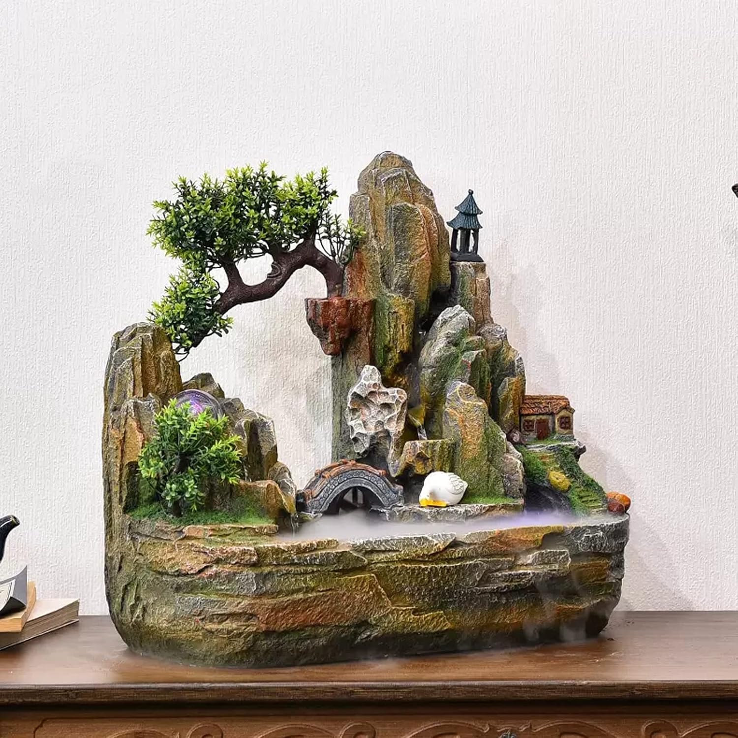 Indoor Water Feature,Ornaments Tabletop Fountain, Waterfall Rockery Fake，Chinese Artificial Tree(L)