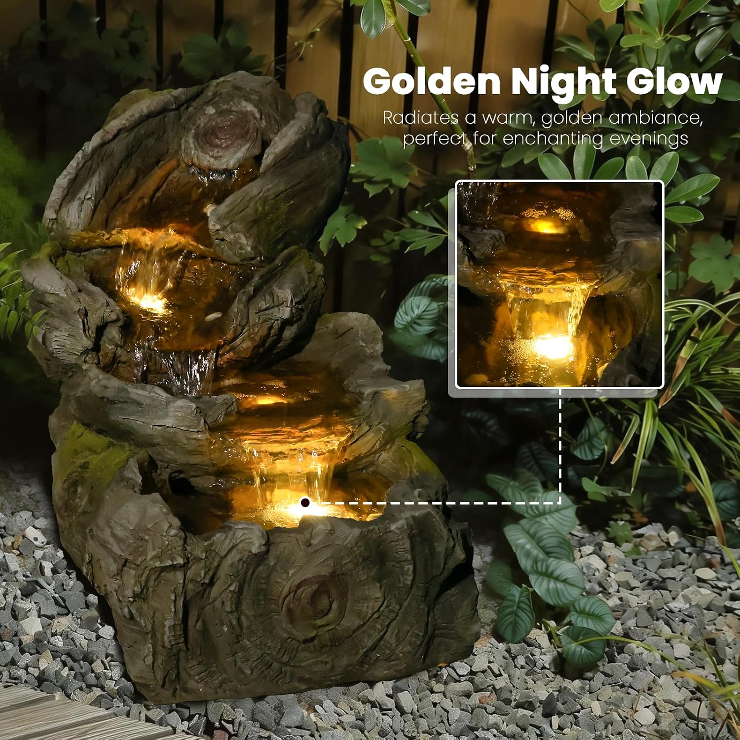Sunlinua 31.5' L Outdoor Water Fountain with 3 Tiers Cascading Realistic Tree Trunk Waterfall Fountains with LED Lights Outdoor Water Fountain for Garden Patio Backyard Porch Home Decor