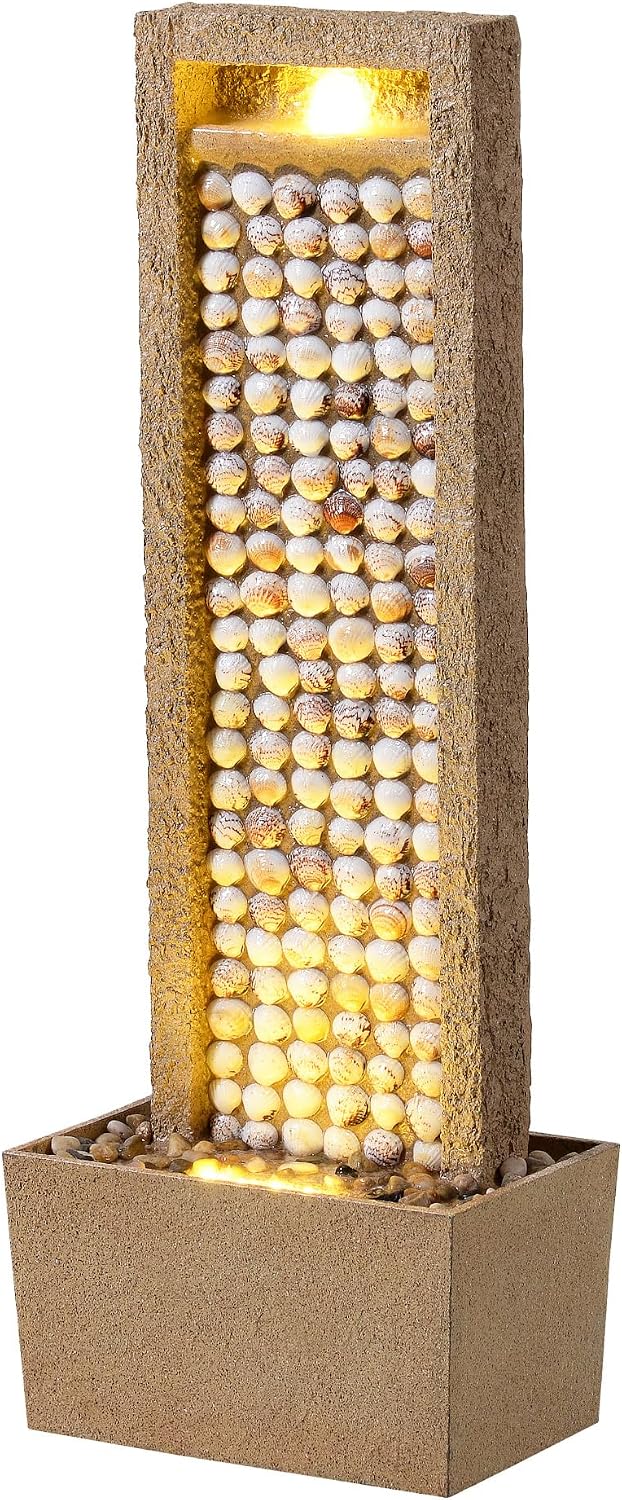 Teamson Home Coastal Seashells Design Outdoor Water Fountain–Warm Glow Lighting with Steady Flow & Electric Pump, Brown