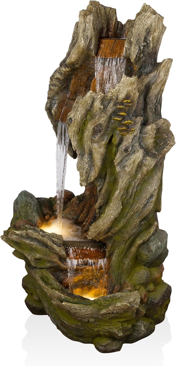 Alpine Corporation WIN1642 61' 3-Tier Log Water Fountain with Warm White LED Lights, Cascading Waterfall for Garden, Patio, & Lawn, Outdoor Water Feature