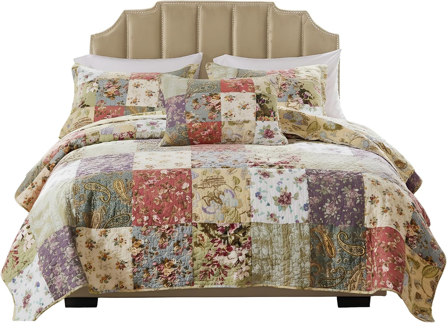 Greenland Home Blooming Prairie 100% Cotton Authentic Patchwork Reversible Quilt Set, 4-Piece Full/Queen
