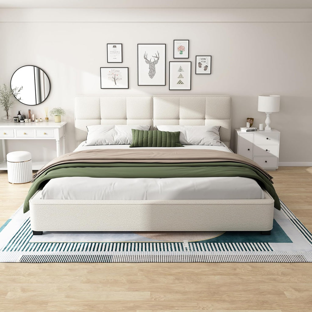 JIVOIT King Size Platform Bed, Boucle Upholstered Platform Bed with Curved Tufted Headboard, Soft Square Corners, Wood Slats Support, No Box Spring Needed
