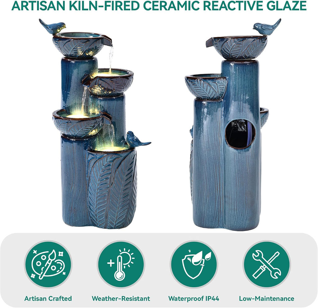 33' H Ceramic Outdoor Water Fountain with LED Lights, 4-Tier Bowl Water Feature with Birds, Teal Blue Glaze, Embossed Leaf Pattern, Cascading Waterfall for Tranquil Garden, Patio, or Porch