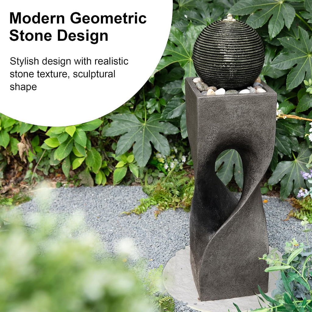Glitzhome Outdoor Water Fountain, Outdoor Fountain with Lights, 36.5' H Modern Geometric Pedestal and Sphere Polyresin Outdoor Floor Standing Fountain with Pebbles, Pump for Garden, Patio, Backyard