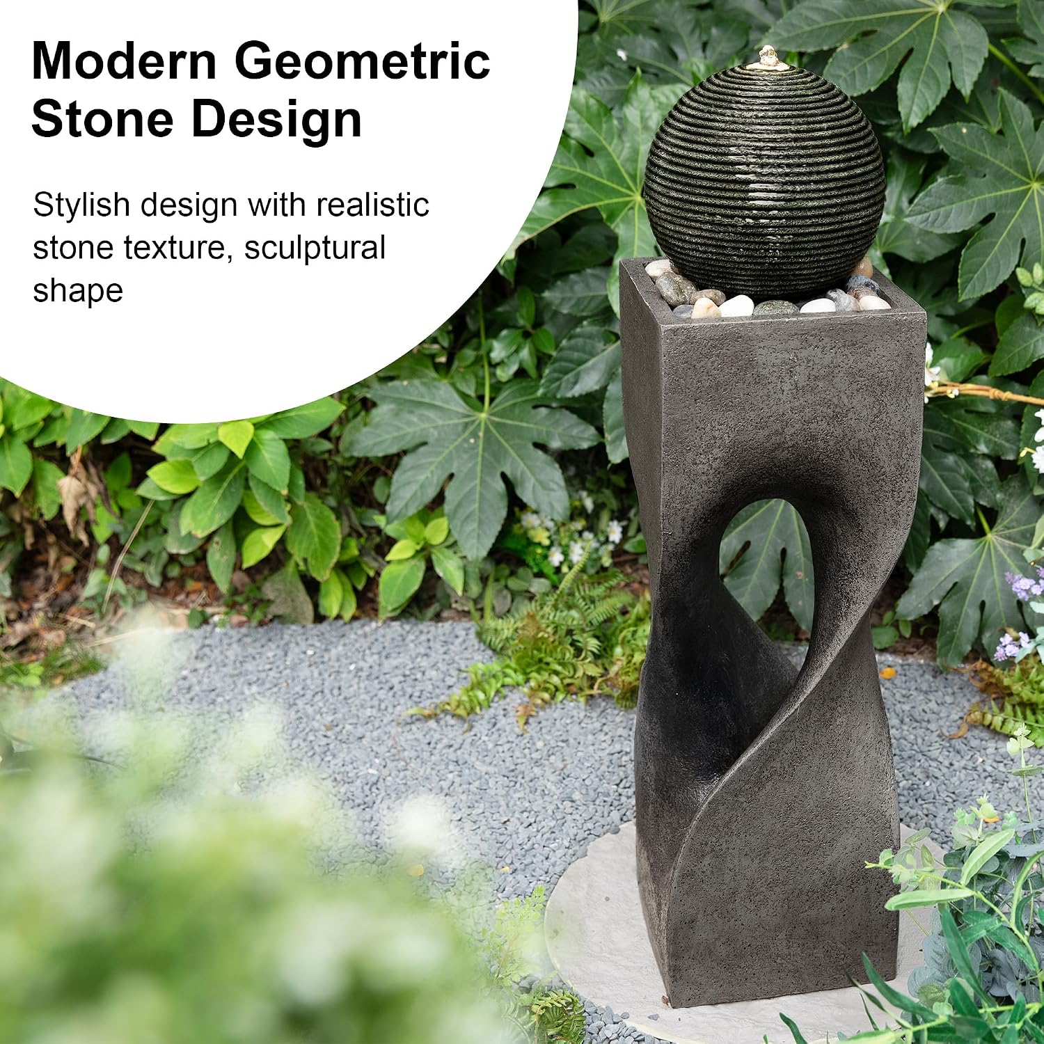 Glitzhome Outdoor Water Fountain, Outdoor Fountain with Lights, 36.5' H Modern Geometric Pedestal and Sphere Polyresin Outdoor Floor Standing Fountain with Pebbles, Pump for Garden, Patio, Backyard