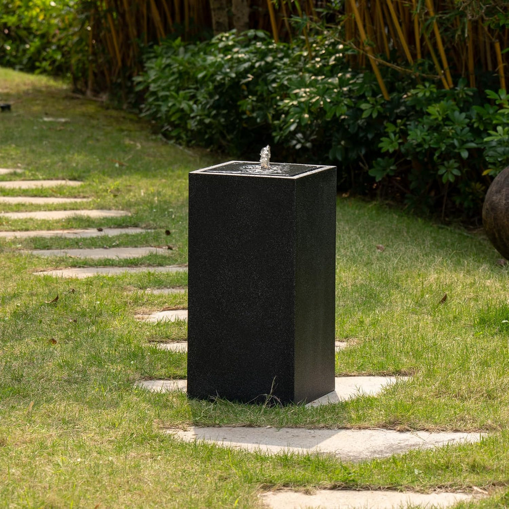 25.98' H Outdoor Water Fountain Made with Eco-Friendly Recyclable Materials, Polyethylene Square Bubbler Outdoor Fountain, Garden Decor with LED Light for Patio, Porch, Backyard (25.98')