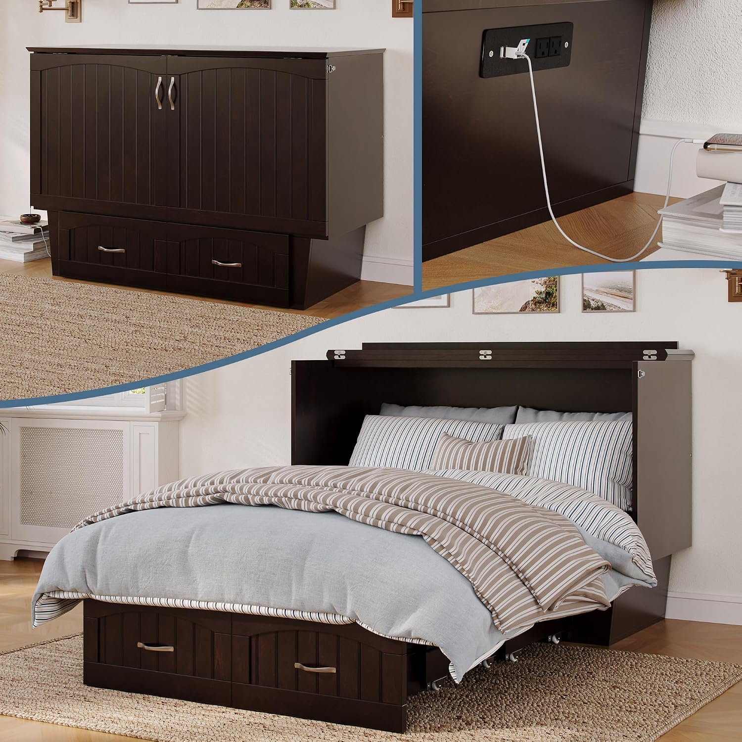 AFI, Nantucket Full Size Murphy Bed Chest with Mattress, Built-in Charging Station and Storage Drawer, Full, Espresso
