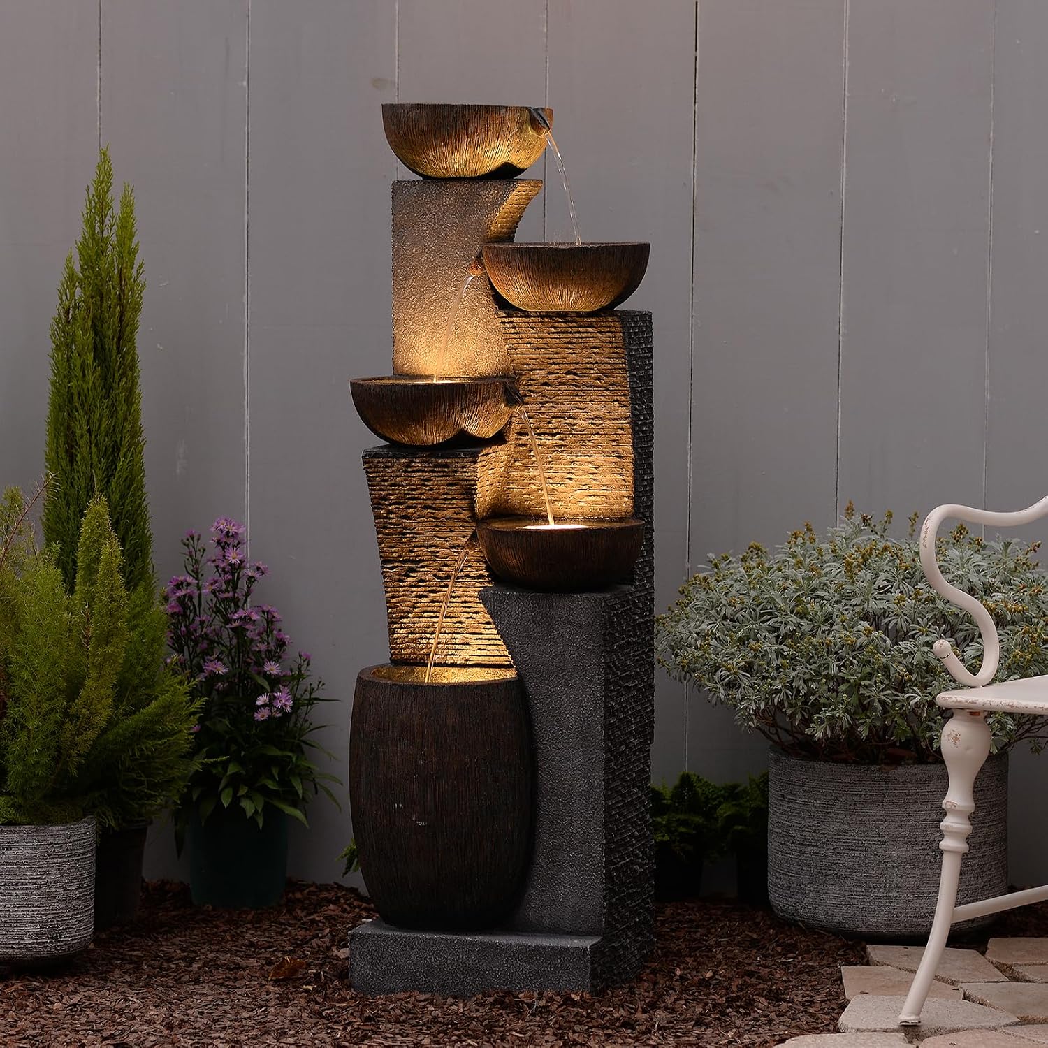 Bumilgar 51.6'' H Tall Outdoor Water Fountain, 5-Tier Resin Cascading Crock Bowls with LED Lights, Garden Water Feature and Waterfall for Porch, Deck, Patio, Yard, and Home Décor, Dark Gray