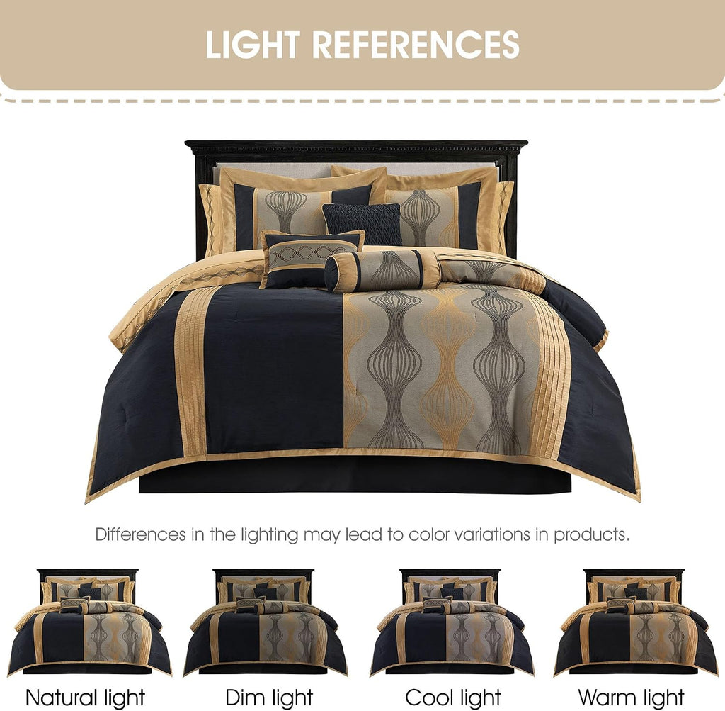 Grand Avenue Elegant Black and Gold Comforter Set King Size, Striped,15 Piece Room-in-A-Bag, Jacquard Bedding Set, All Season, Matching Decorative Pillows, Pillow Sham, Curtains