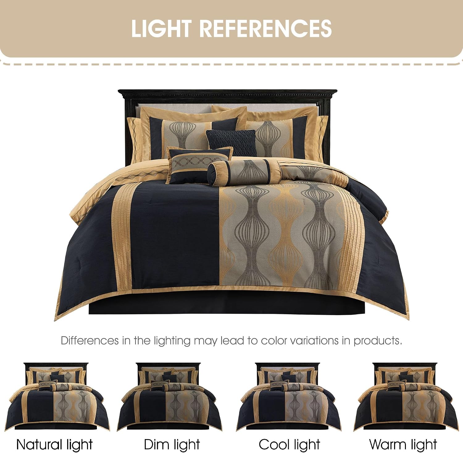 Grand Avenue Elegant Black and Gold Comforter Set King Size, Striped,15 Piece Room-in-A-Bag, Jacquard Bedding Set, All Season, Matching Decorative Pillows, Pillow Sham, Curtains