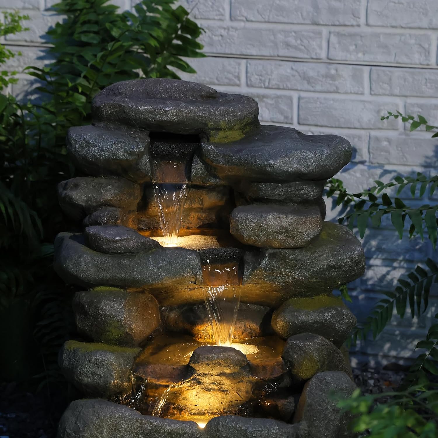 Bumilgar 23.4' H Garden Outdoor Rock Water Fountain with LED Lights, 4-Tier Cascading Waterfall Fountain, Faux Stone Resin Water Feature for Patio, Backyard & Home Decor